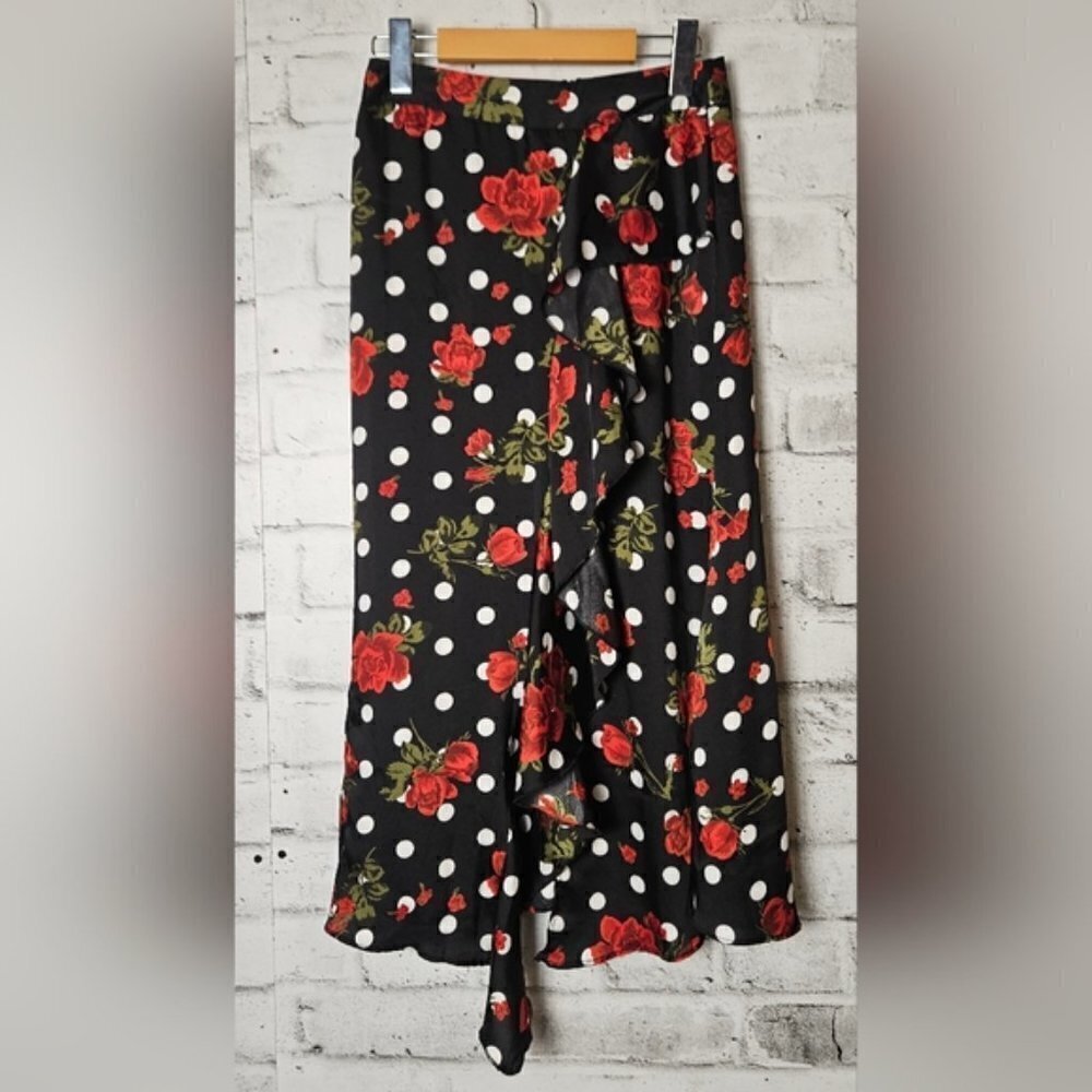 Zara Floral Polka Dot Wrap Midi Skirt Ruffle Hem XS Black Red - Picture 3 of 9